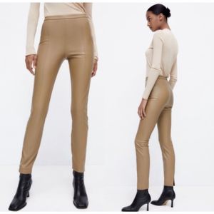 ZARA Faux Leather Zipper Tan Leggings
